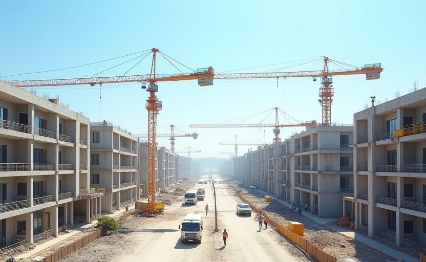 Cantiere attivo di nuova costruzione residenziale a Roma con gru e operai